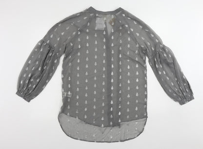 Next Womens Grey Geometric Polyester Basic Button-Up Size 10 Round Neck - Christmas Tree Print