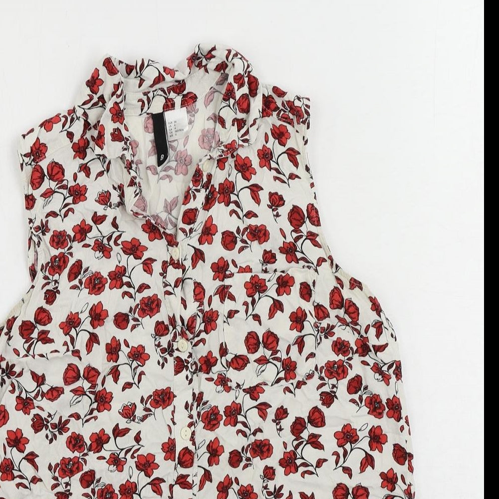 H&M Womens White Floral Viscose Basic Button-Up Size 8 Collared