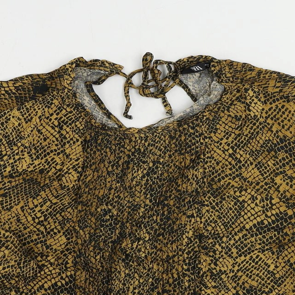 Zara Womens Brown Animal Print Viscose Basic Blouse Size L Round Neck