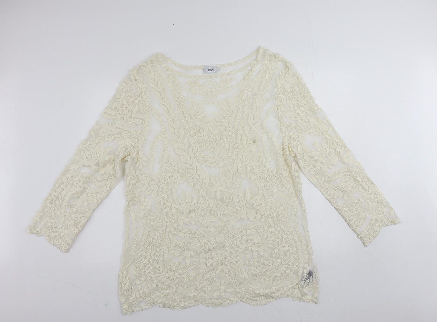 NEXT Womens Ivory Nylon Tunic Blouse Size L Boat Neck - Embroidered