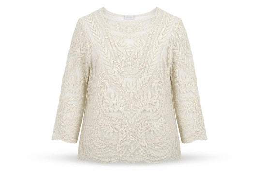 Next Womens Ivory Nylon Tunic Blouse Size L Boat Neck - Embroidered