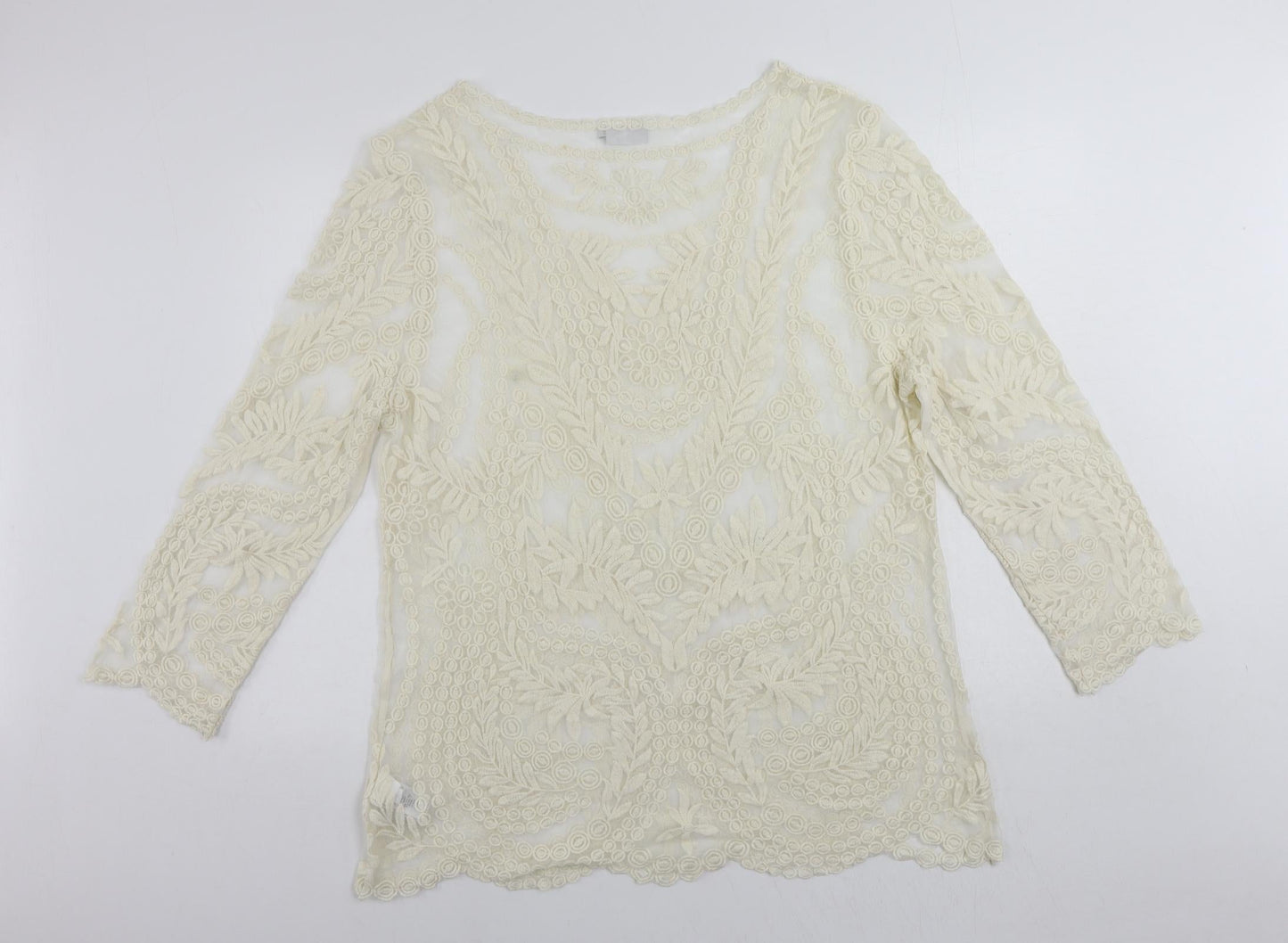 NEXT Womens Ivory Nylon Tunic Blouse Size L Boat Neck - Embroidered