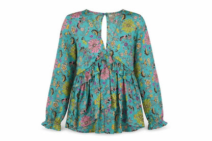 Front view of ASOS women’s blue geometric polyester basic blouse, size UK 8, v-neck - ruffle