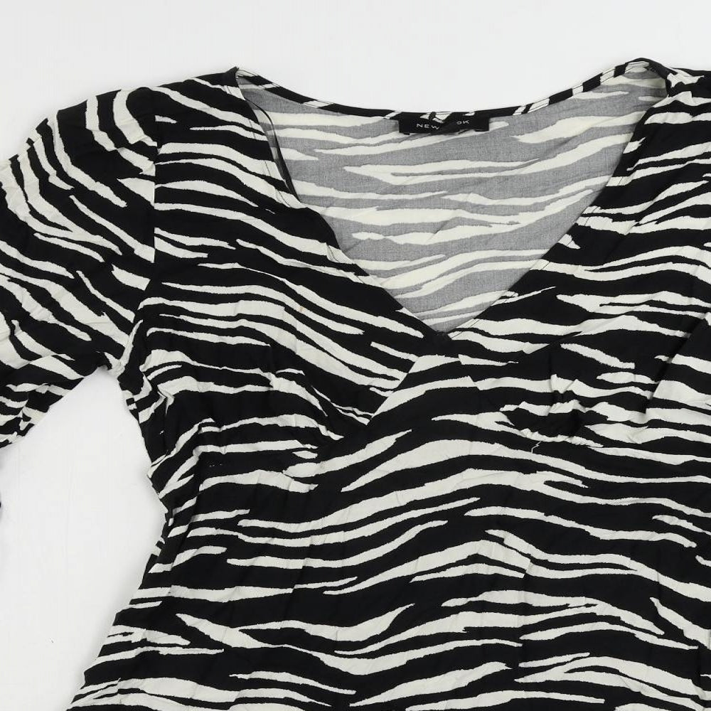New Look Womens Black Animal Print Viscose Mini Size 10 V-Neck Pullover