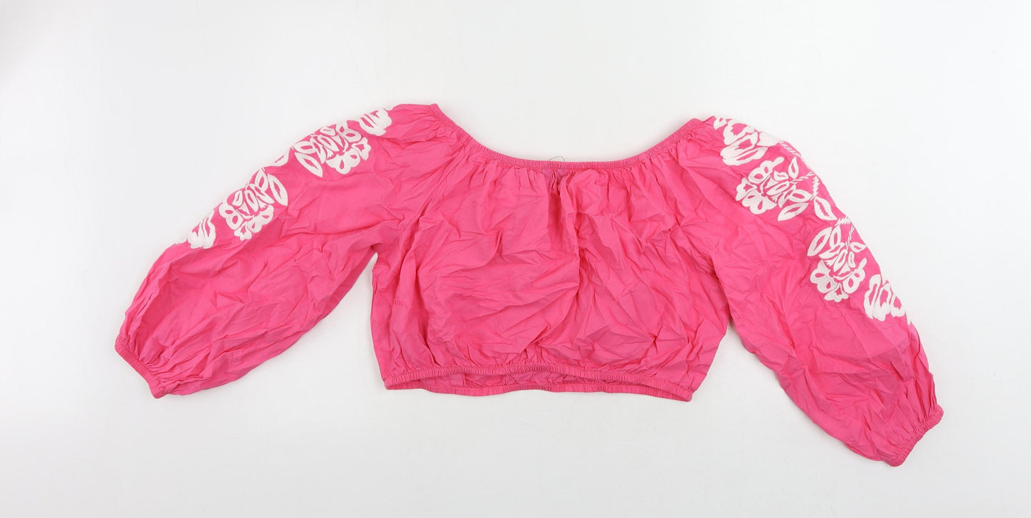 Marks and Spencer Womens Pink Cotton Cropped Blouse Size 18 Off the Shoulder - Embroidered