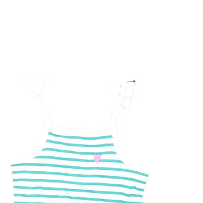 Close-up detail of Marks & Spencer girls’ green striped cotton basic tank, size 3-4, years square neck pullover