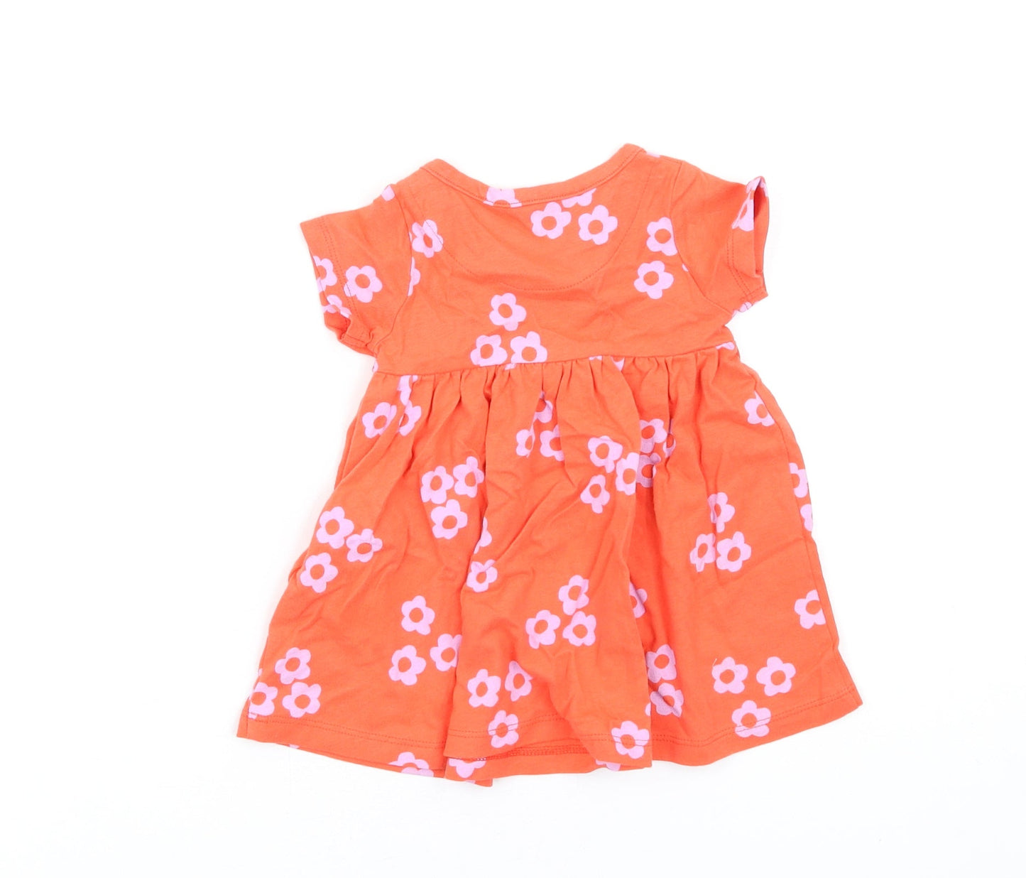 Marks and Spencer Girls Orange Floral Cotton Fit & Flare Size 0-3 Months Round Neck Snap