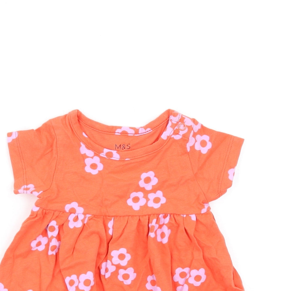 Marks and Spencer Girls Orange Floral Cotton Fit & Flare Size 0-3 Months Round Neck Snap