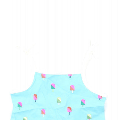 Close-up detail of Marks & Spencer girls’ blue geometric cotton basic tank, size 2-3, years square neck pullover