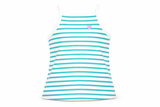Front view of Marks & Spencer girls’ green striped cotton basic tank, size 2-3, years square neck pullover