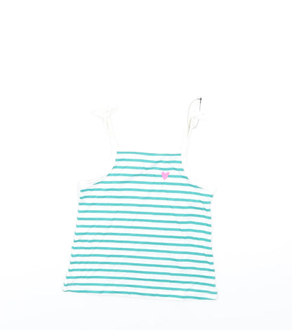 Additional front view of Marks & Spencer girls’ green striped cotton basic tank, size 3-4, years square neck pullover