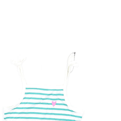 Close-up detail of Marks & Spencer girls’ green striped cotton basic tank, size 3-4, years square neck pullover
