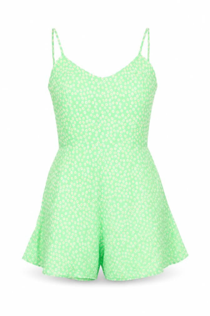 Zara Womens Green Floral Polyester Playsuit One-Piece Size S L24 in Zip - Inside Leg 2''