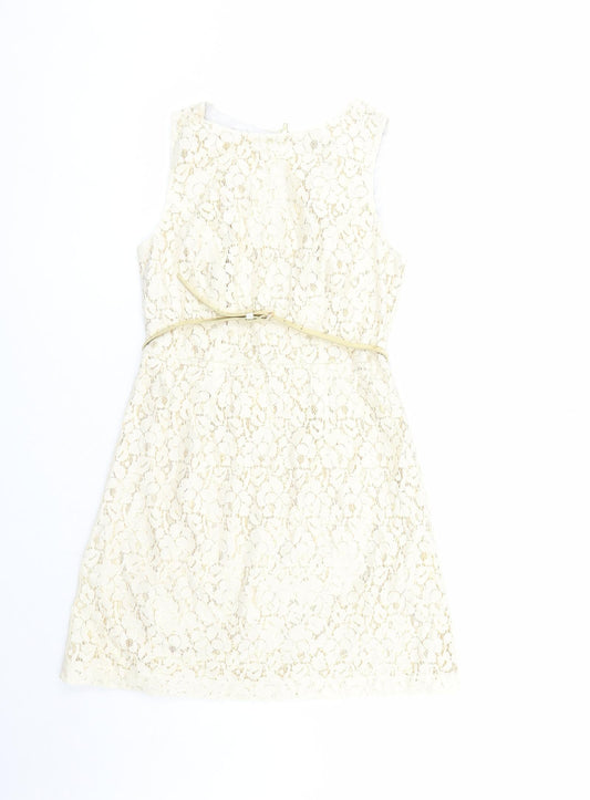 Warehouse Womens Ivory Geometric Cotton A-Line Size 10 Round Neck Zip - Belted Gold Lining