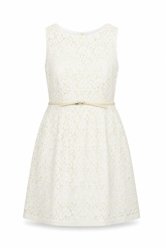 Warehouse Womens Ivory Geometric Cotton A-Line Size 10 Round Neck Zip - Belted Gold Lining