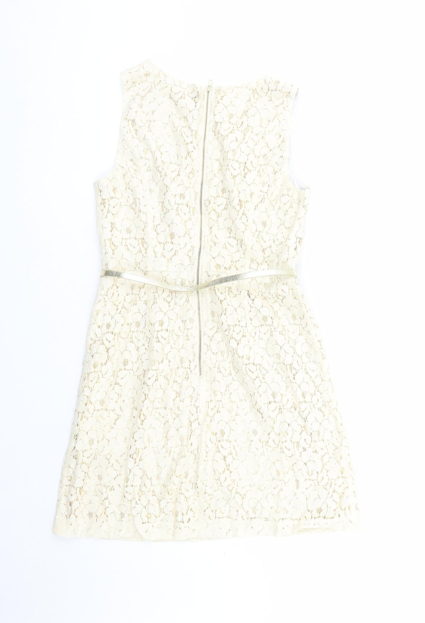 Warehouse Womens Ivory Geometric Cotton A-Line Size 10 Round Neck Zip - Belted Gold Lining