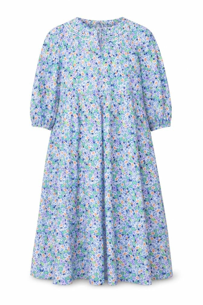 Marks & Spencer Womens Blue Floral Cotton A-Line Size 12 Round Neck Tie