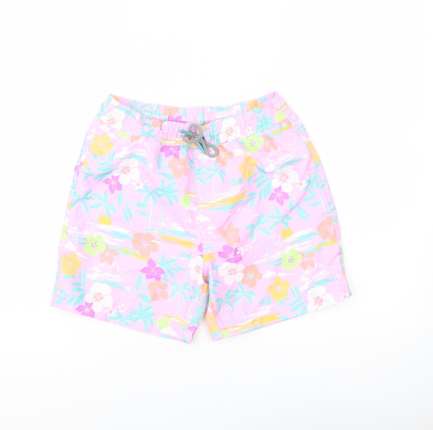 Marks and Spencer Boys Multicoloured Floral Polyester Sweat Shorts Size 8-9 Years Regular Drawstring - Swim Shorts