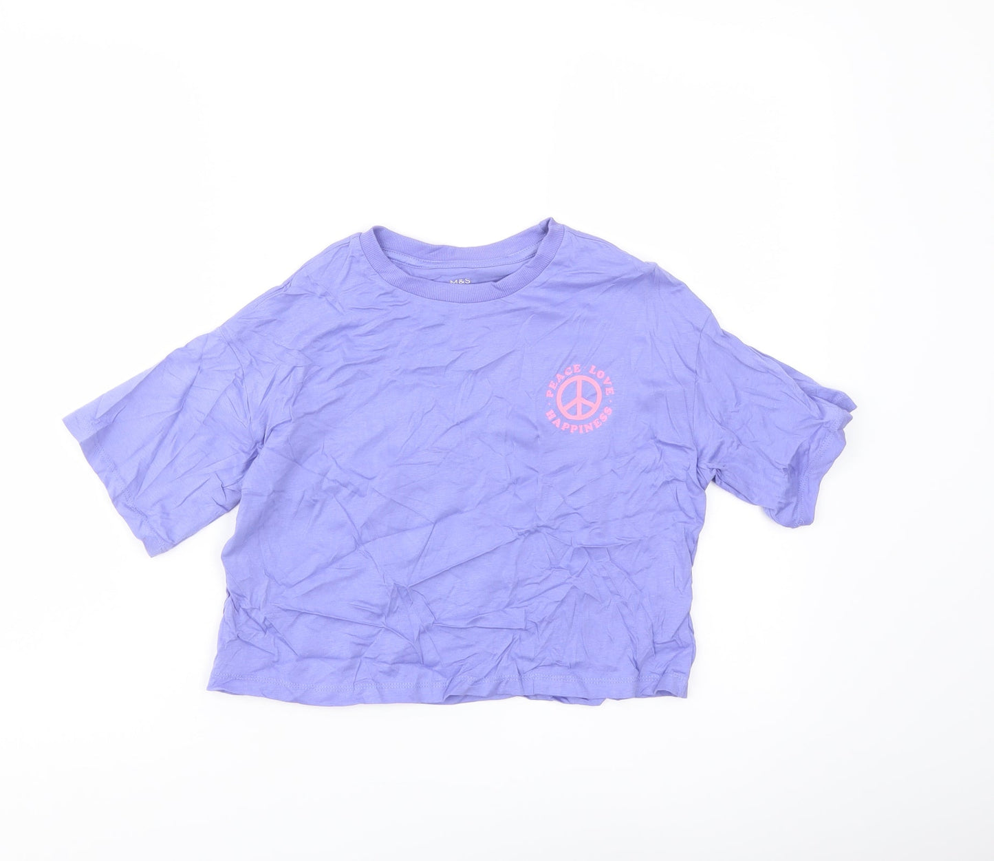 Marks and Spencer Girls Purple Cotton Cropped T-Shirt Size 7-8 Years Crew Neck Pullover