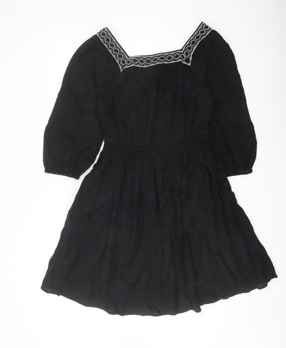 Marks & Spencer Womens Black Linen A-Line Size 8 Square Neck Pullover