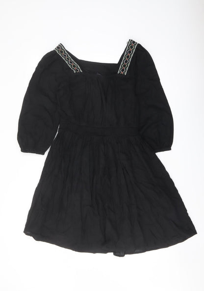 Marks & Spencer Womens Black Linen A-Line Size 8 Square Neck Pullover