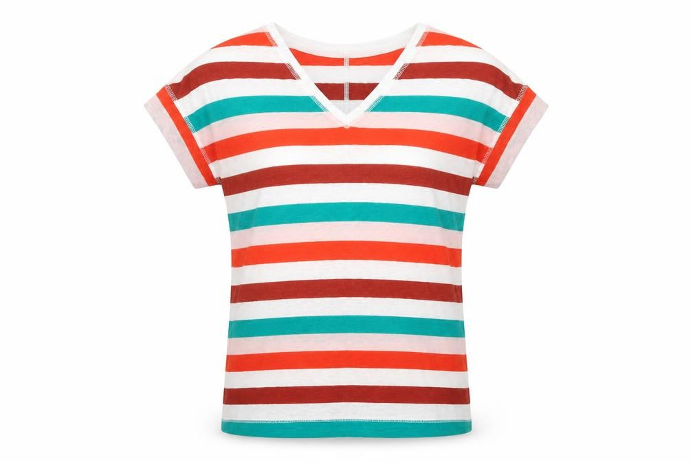 Marks & Spencer Womens Multicoloured Striped Linen Basic T-Shirt Size 8 V-Neck