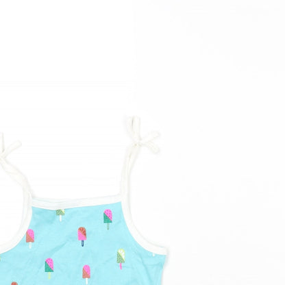 Close-up detail of Marks & Spencer girls’ blue cotton basic tank, size 2-3, years square neck pullover - ice lolly print