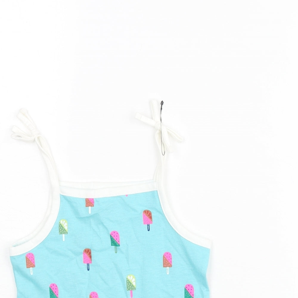 Marks and Spencer Girls Blue Geometric Cotton Basic Tank Size 2-3 Years Square Neck Pullover - Ice Lolly Print
