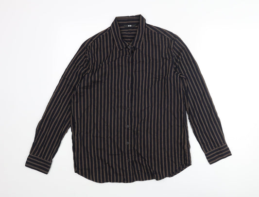 Uniqlo Mens Blue Striped Polyester Button-Up Size M Collared Button