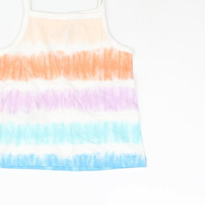 Brand and care label for Marks & Spencer girls’ multicoloured striped cotton basic tank, size 2-3, years square neck pullover