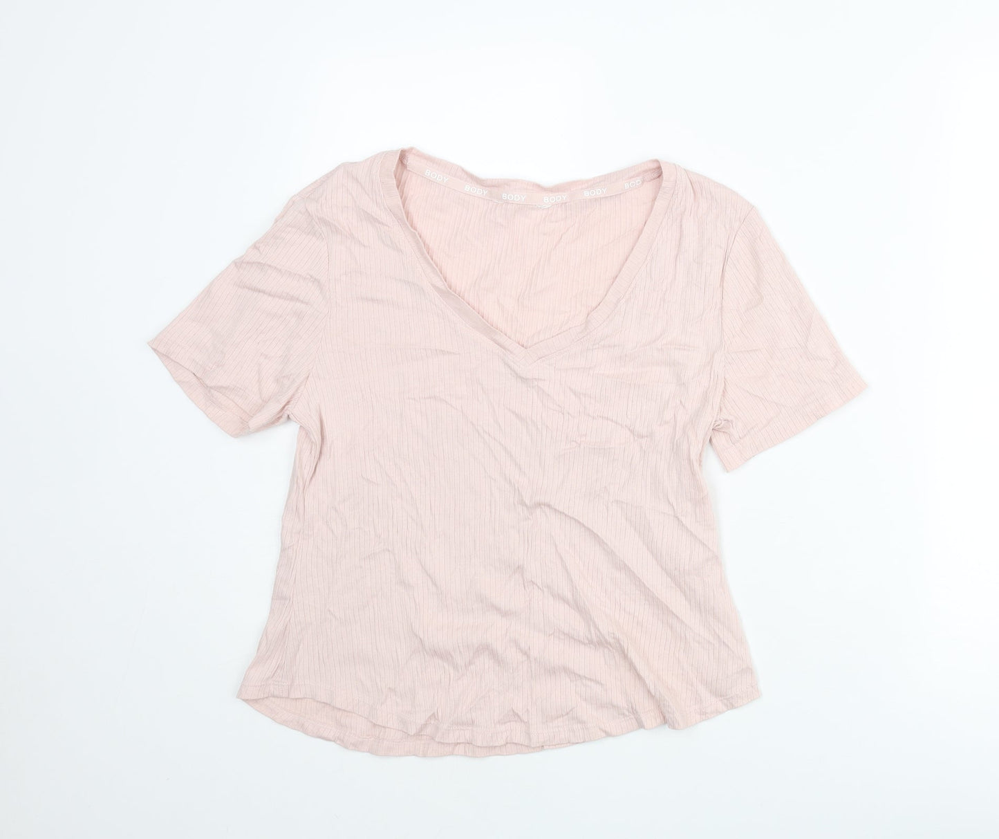 Marks and Spencer Womens Pink Cotton Basic T-Shirt Size M V-Neck - Ribbed