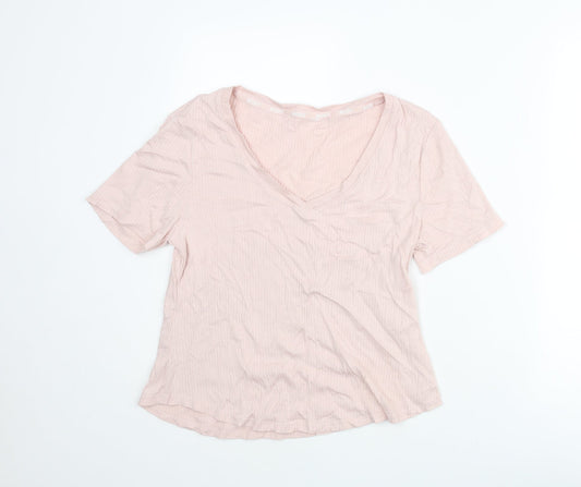 Marks and Spencer Womens Pink Cotton Basic T-Shirt Size M V-Neck - Ribbed