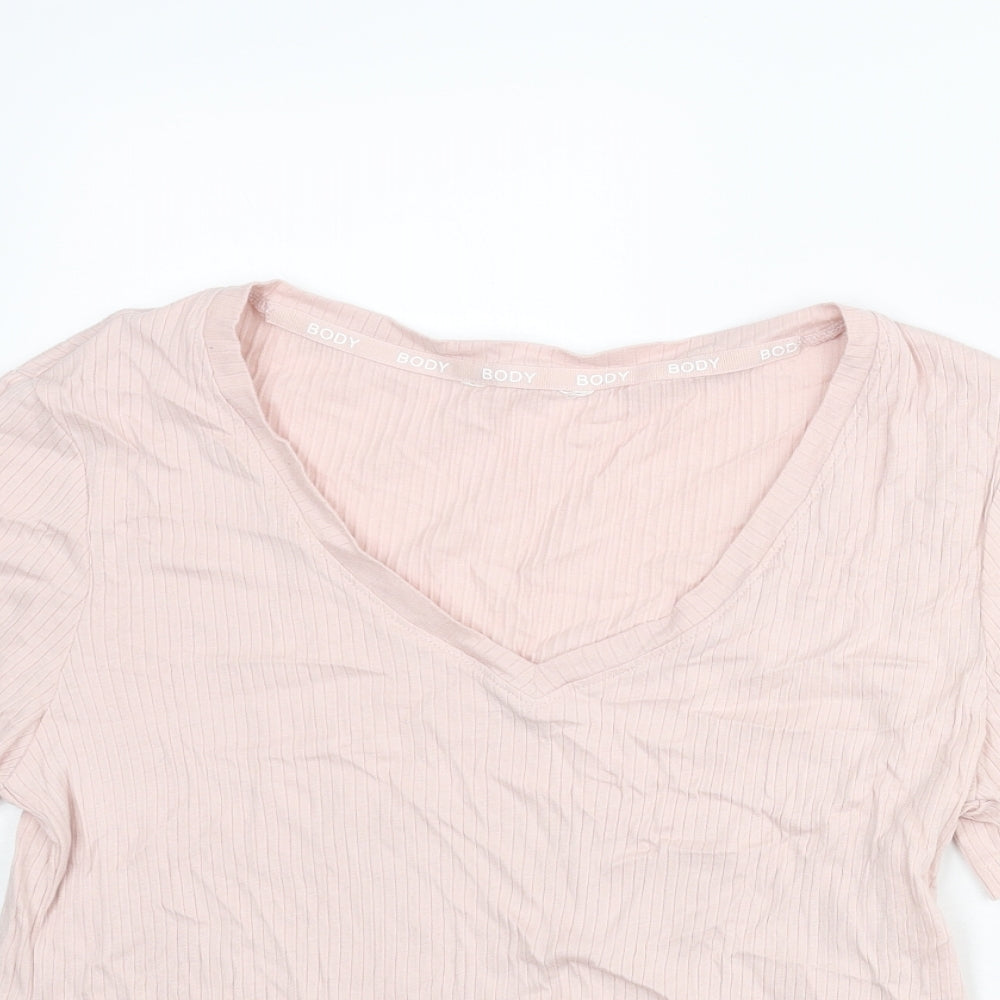 Marks and Spencer Womens Pink Cotton Basic T-Shirt Size M V-Neck - Ribbed