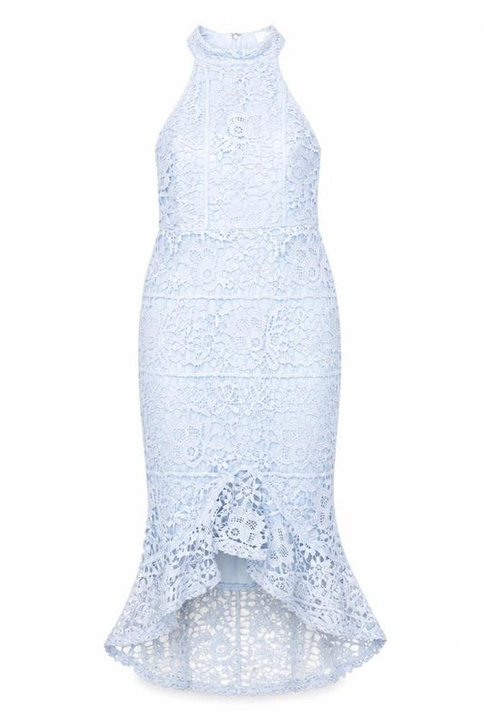Front view of Missguided women’s blue polyester mermaid, size UK 8, round neck zip