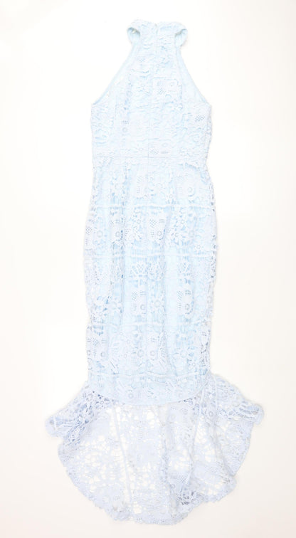 Back view of Missguided women’s blue polyester mermaid, size UK 8, round neck zip