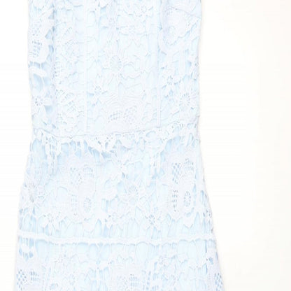 Close-up detail of Missguided women’s blue polyester mermaid, size UK 8, round neck zip