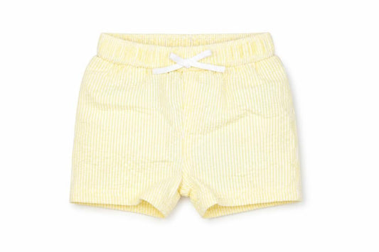 Front view of Marks & Spencer boys’ yellow striped polyester cropped trousers, size 6-9, months drawstring - swim shorts