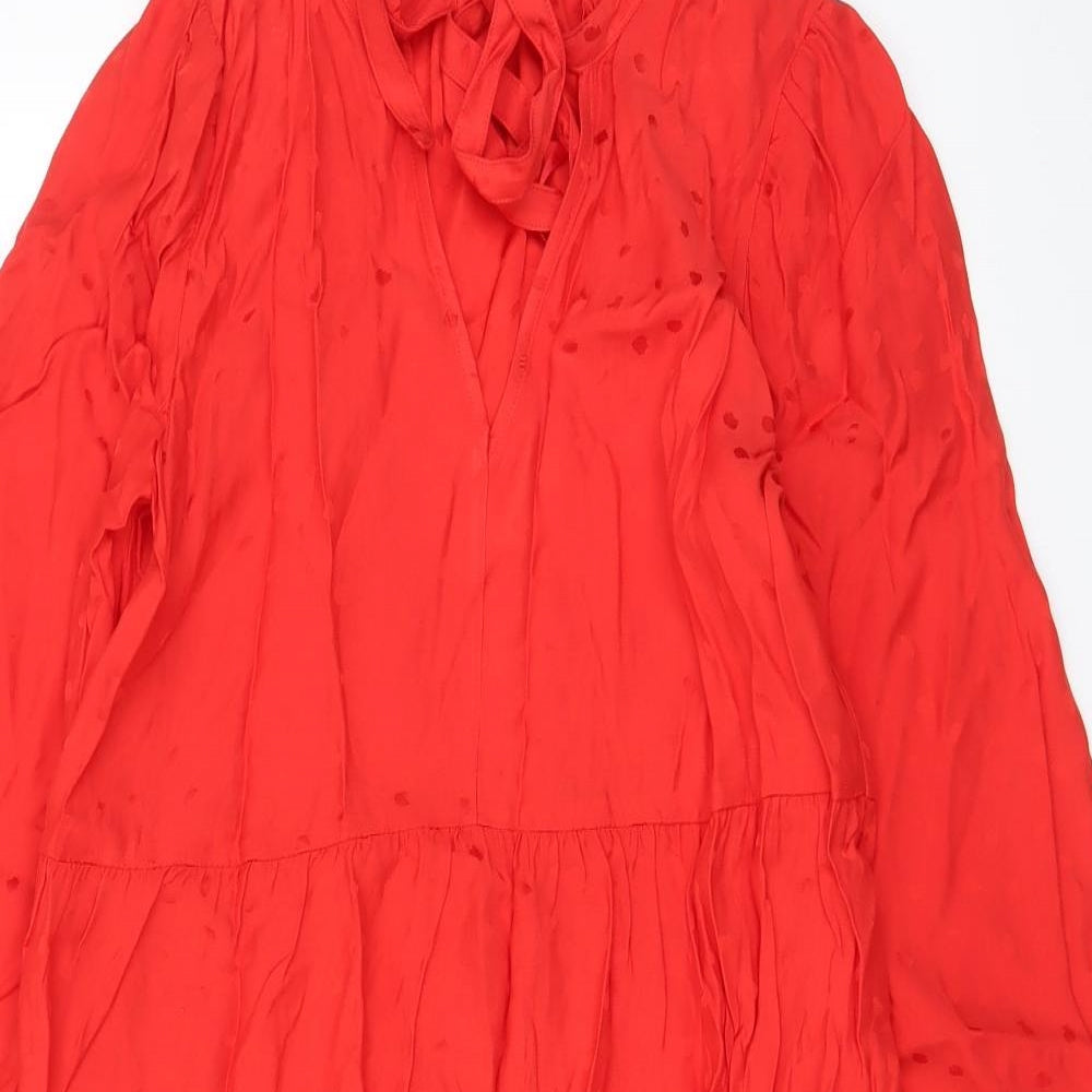Marks and Spencer Womens Red Geometric Viscose A-Line Size 8 Crew Neck Pullover - Keyhole neck, Pleated