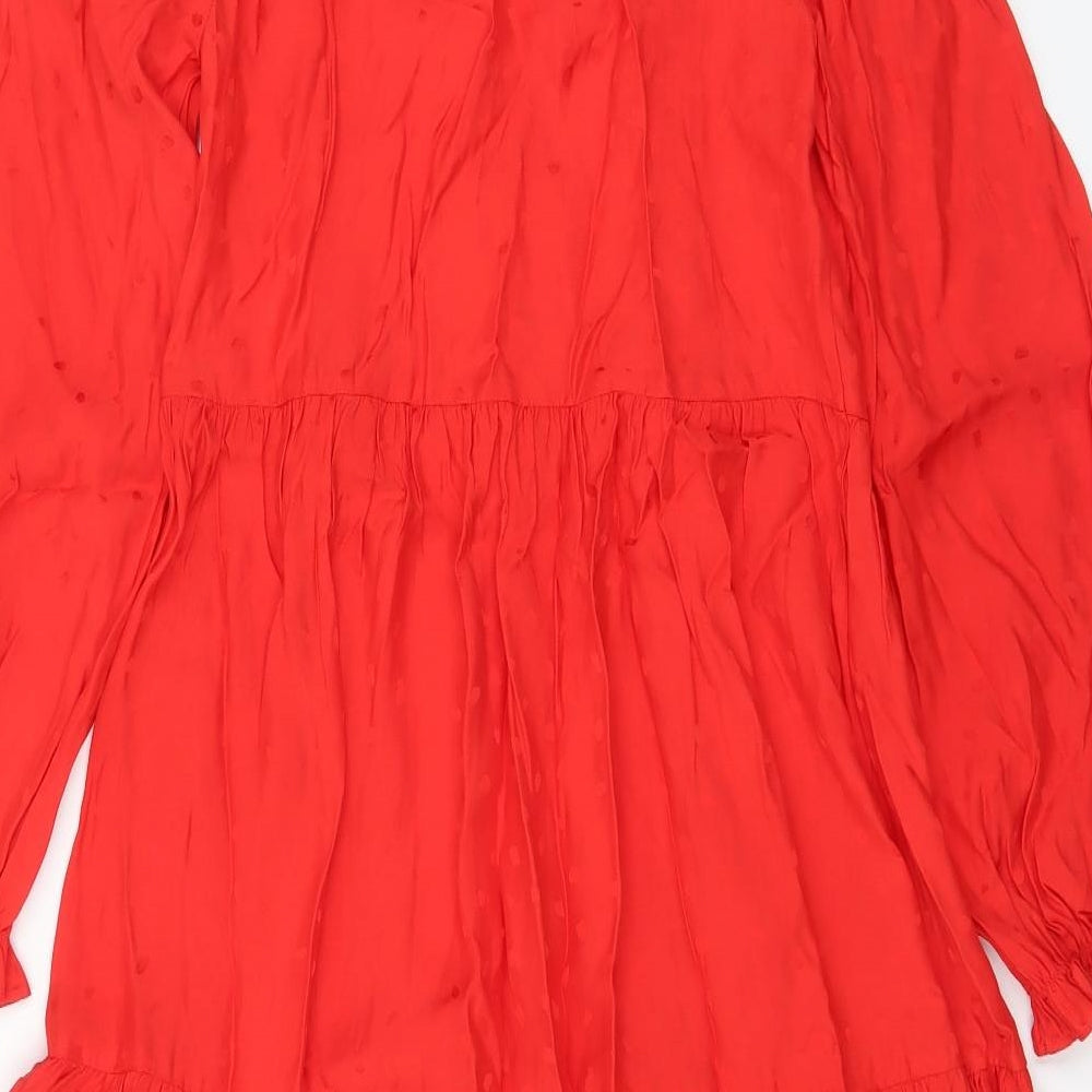 Marks and Spencer Womens Red Geometric Viscose A-Line Size 8 Crew Neck Pullover - Keyhole neck, Pleated