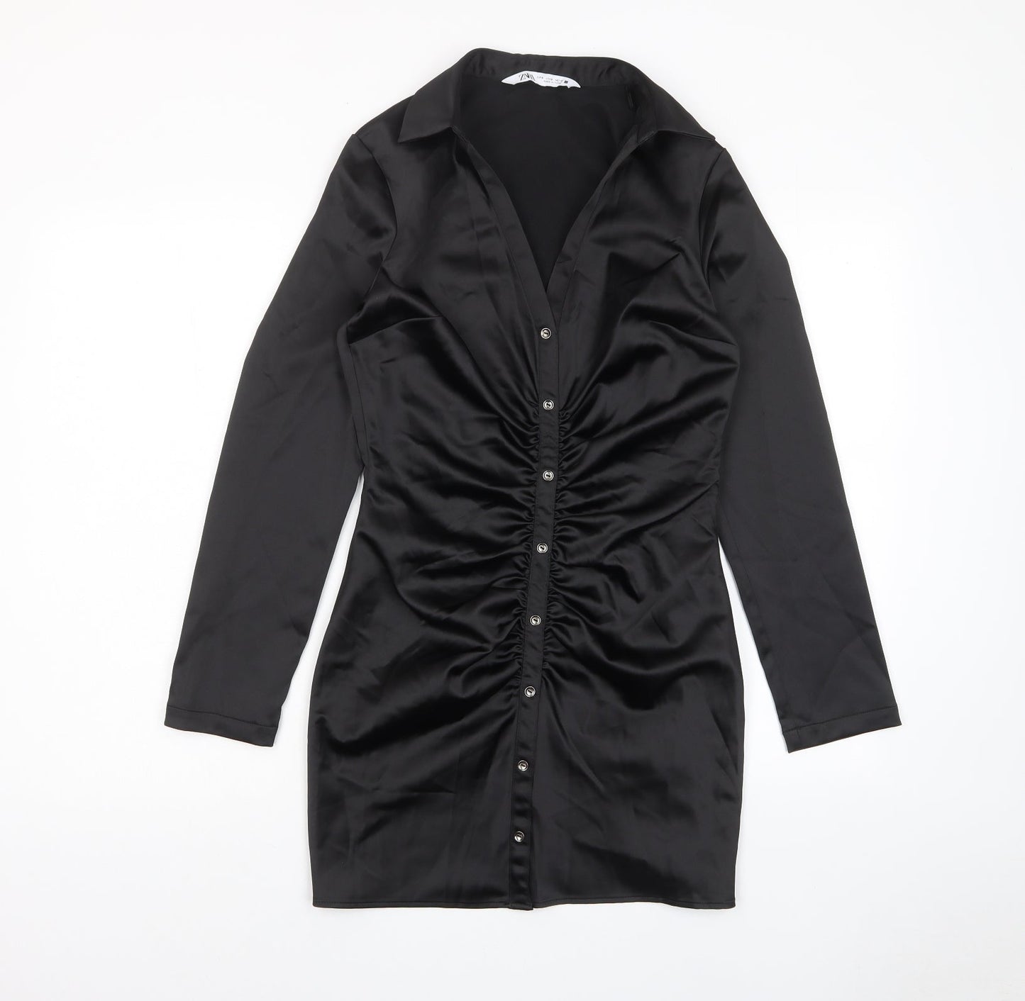 Zara Womens Black Polyester Shirt Dress Size S Collared Zip - Ruched, Buttons