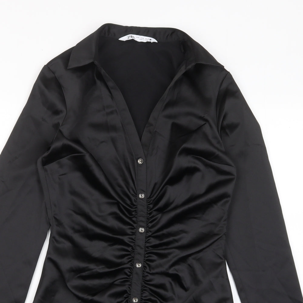 Zara Womens Black Polyester Shirt Dress Size S Collared Zip - Ruched, Buttons