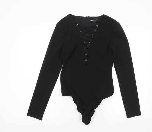 Zara Womens Black Polyester Bodysuit One-Piece Size S Zip - Cross neckline