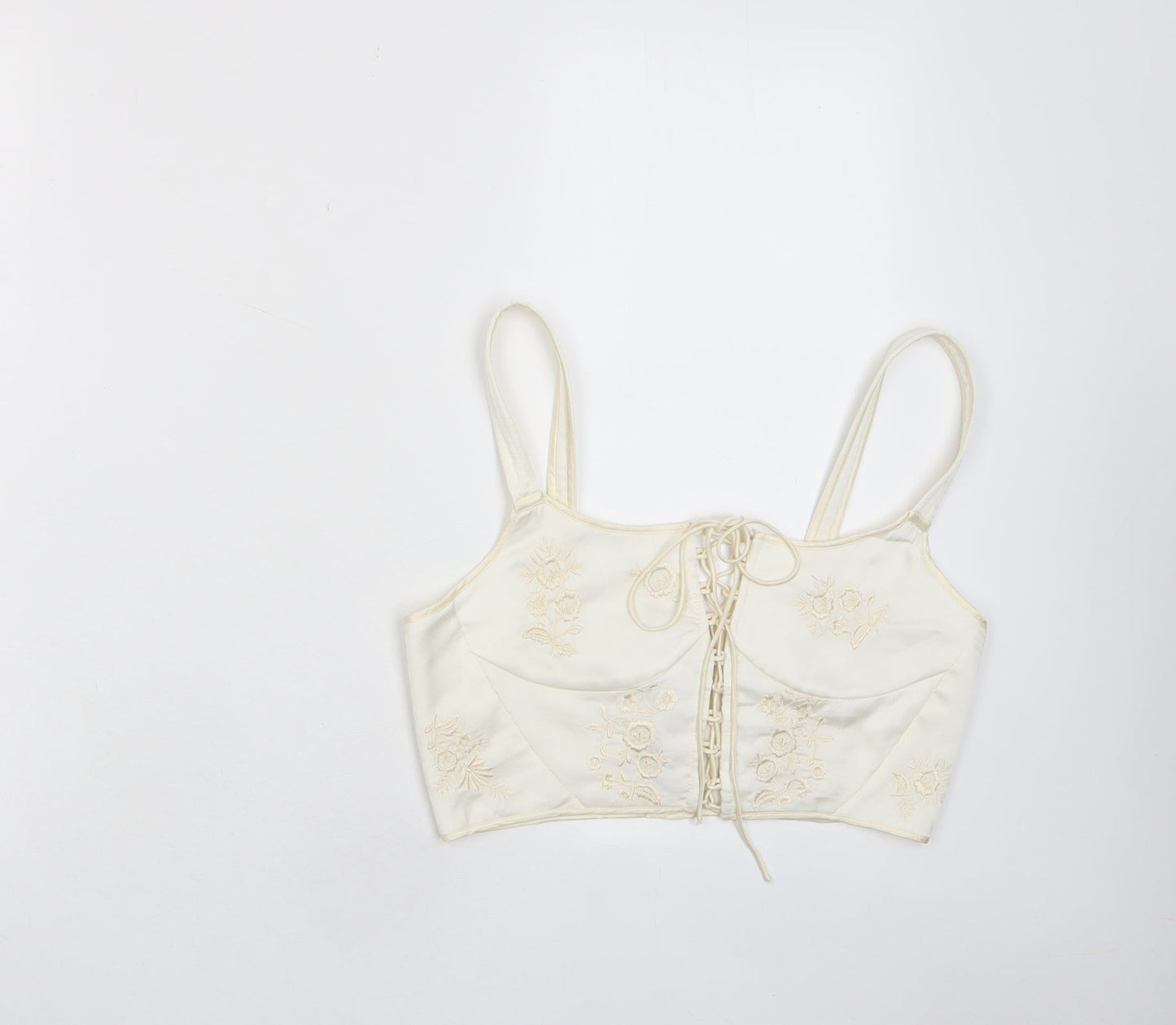 Zara Womens Ivory Polyester Cropped Tank Size S Scoop Neck - Embroidered