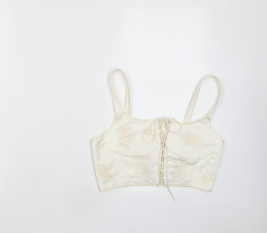 Zara Womens Ivory Polyester Cropped Tank Size S Scoop Neck - Embroidered