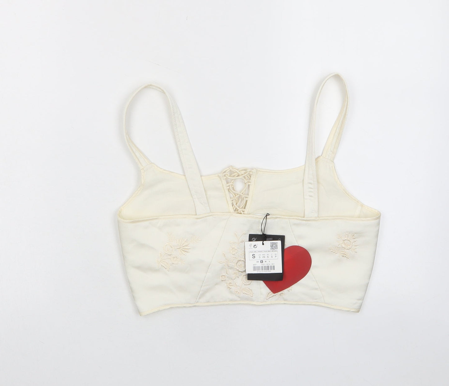 Zara Womens Ivory Polyester Cropped Tank Size S Scoop Neck - Embroidered
