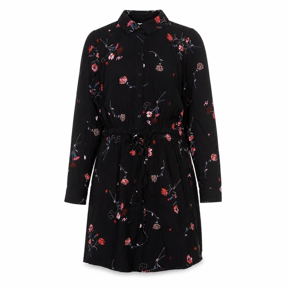 Warehouse Womens Black Floral Viscose A-Line Size 10 Collared Button - Belted