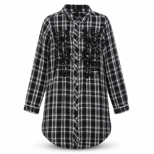 New Look Womens Grey Plaid Viscose Shift Size 10 Collared Button - Embroidered