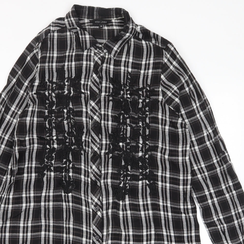 New Look Womens Grey Plaid Viscose Shift Size 10 Collared Button - Embroidered