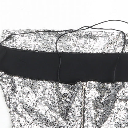 Brand and care label for Missguided women’s silver polyester cropped tank, size UK 6, square neck - sequins