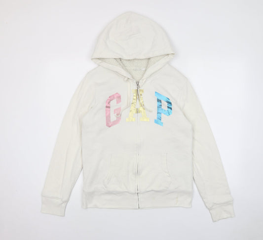 Gap Womens White Cotton Full Zip Hoodie Size M Zip - Logo, Pockets